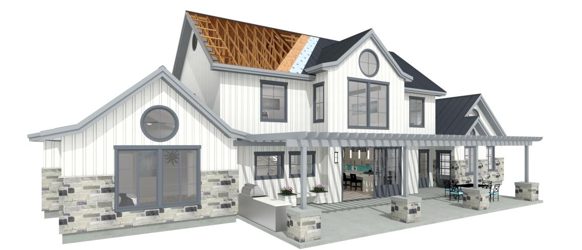 Residential farmhouse design with white board and batten exterior with a gray brick pony wall