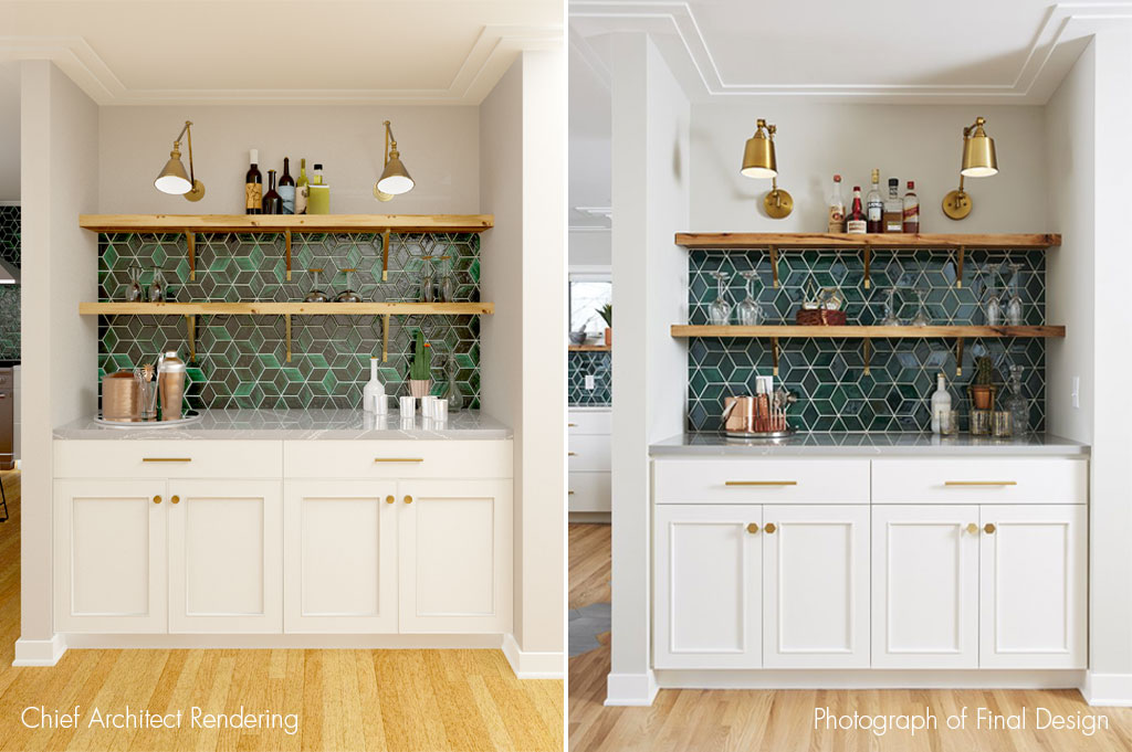 Home bar design with a Mercury Mosaics backsplash. Rendered in Chief Architect.