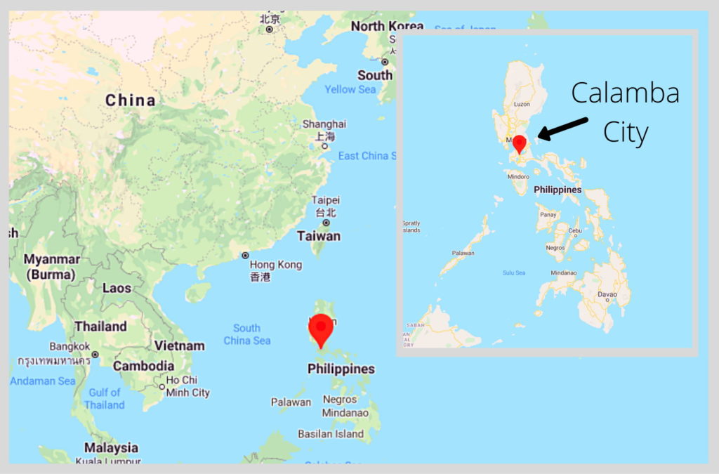 Map of Philippines with a call out for Calamba City. 