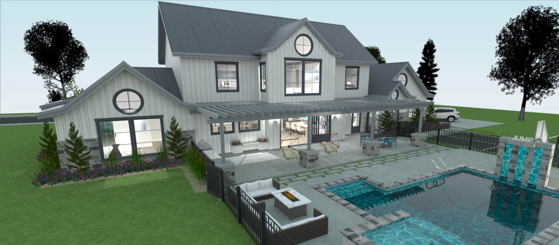 Exterior rendering with an outdoor pool and an outdoor kitchen area.