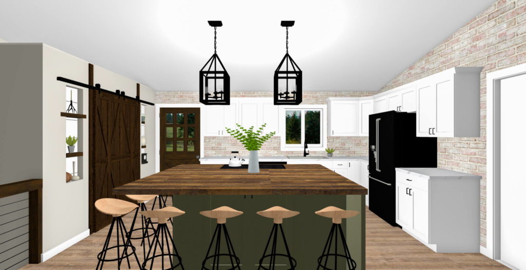 Modern Farmhouse kitchen with a sliding barndoor into pantry, brick accent wall and large kitchen island. 