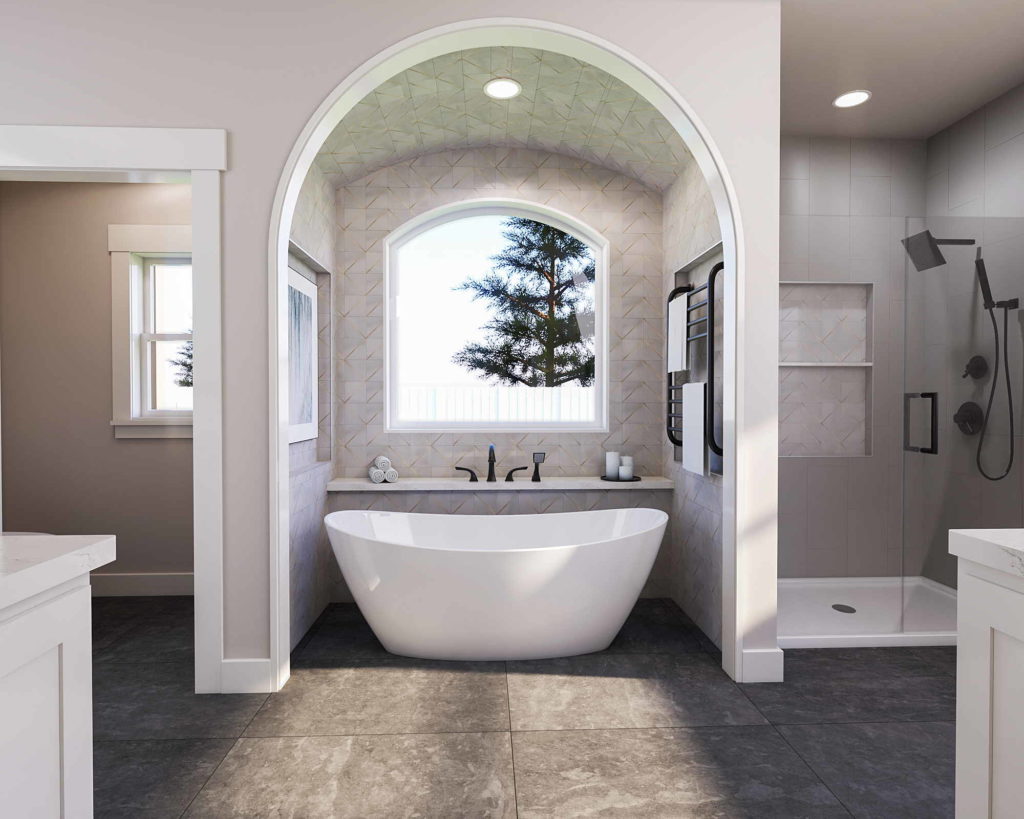 Captivating bathroom with a Roman arch and marbled mosaics.