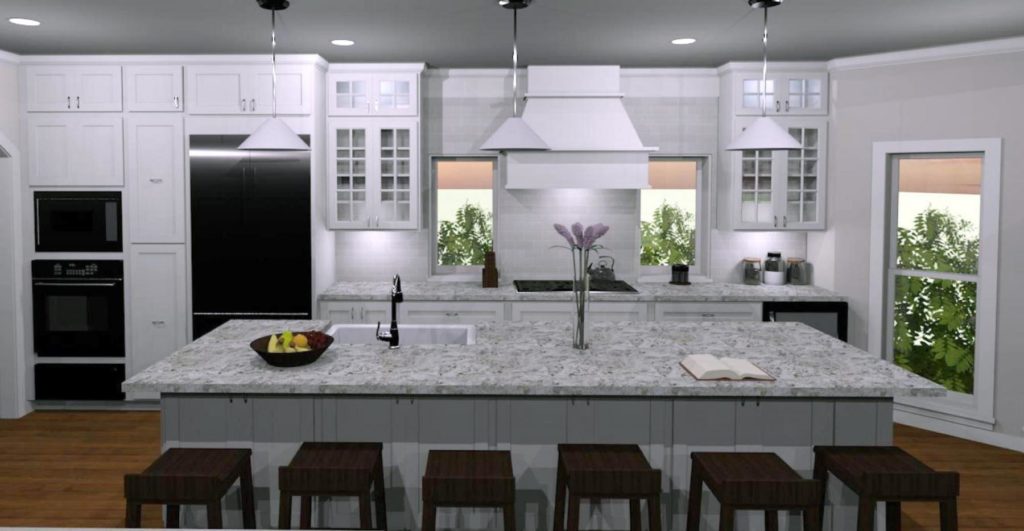 Large kitchen design to ensure better traffic flow with a large island and multiple cabinets for storage.