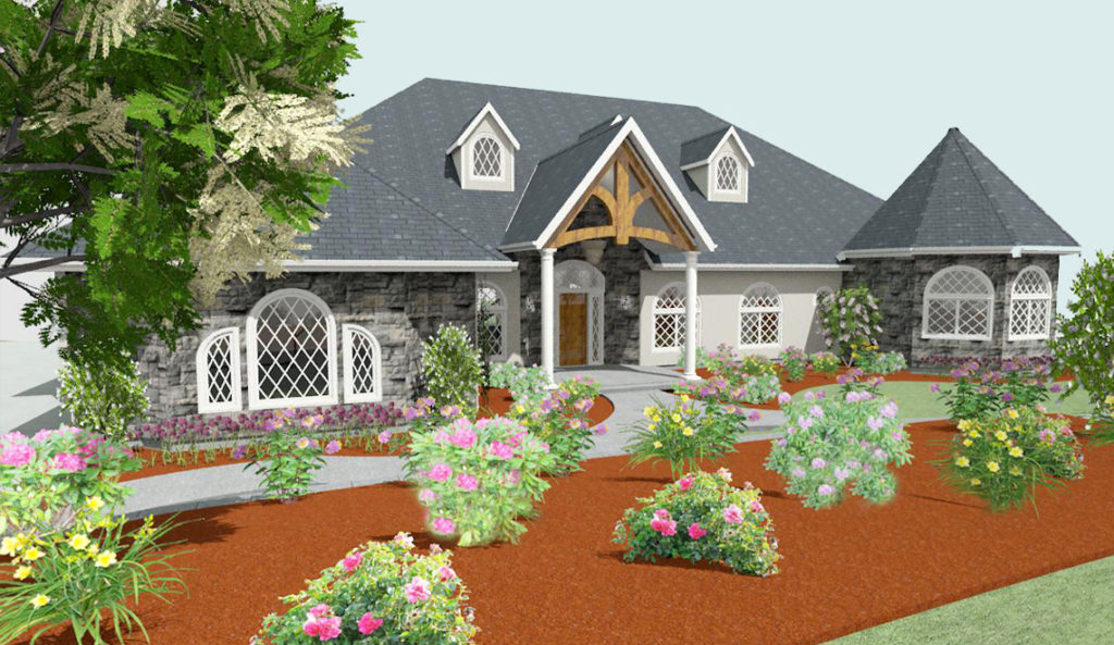 Residential design with gray brick accents, a front porch living area, and entryway trusses. 