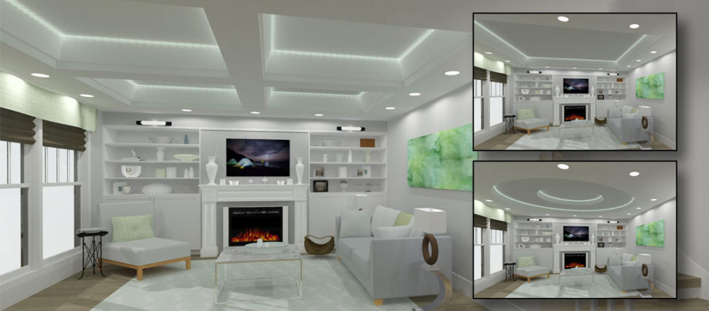 A living room with various trey ceiling options made in Chief Architect Software. 