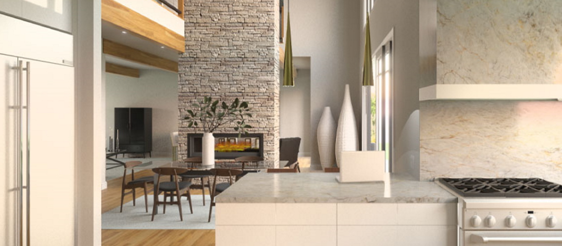 Kitchen rendering with white cabinets and marble backsplash