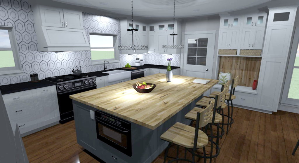 Kitchen remodel with a hexagon backsplash and white cabinets.