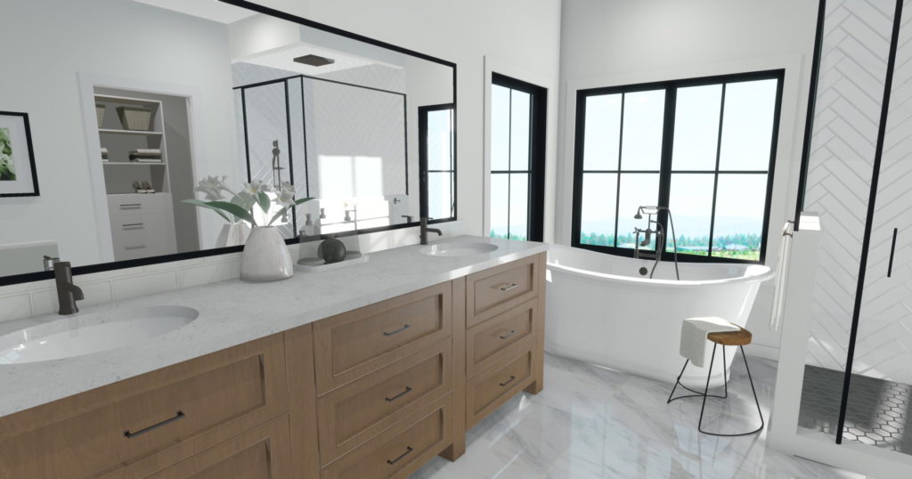 Bathroom rendering with a freestanding tub and natural wood cabinets.