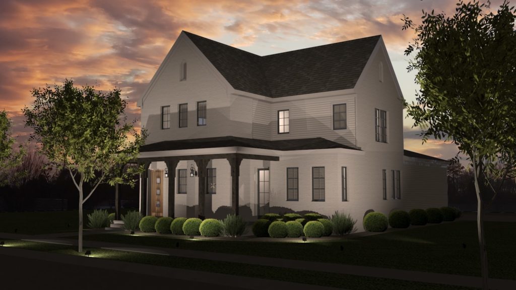 Traditional 2 story home with white siding and gable roofs