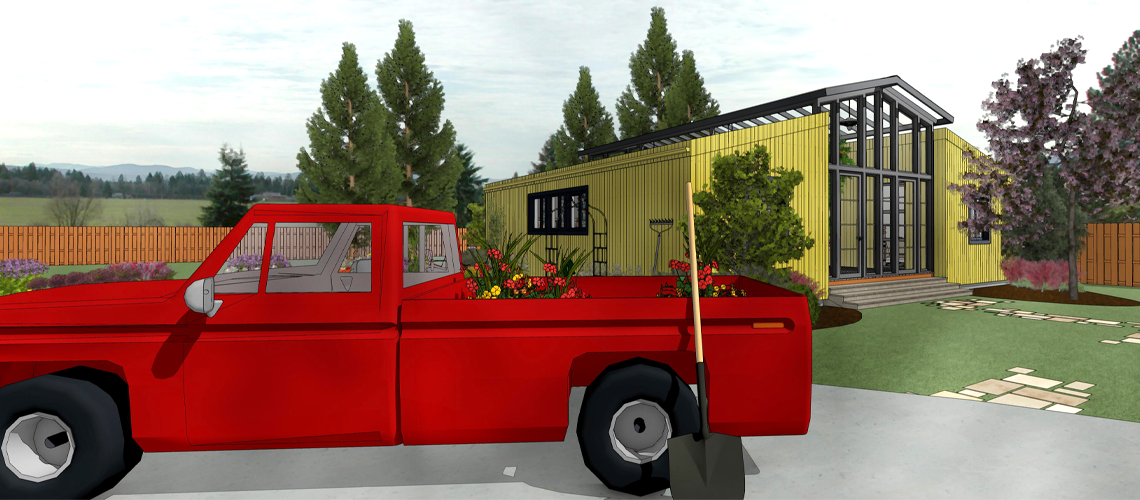 Greenhouse design with red work truck and garden plants