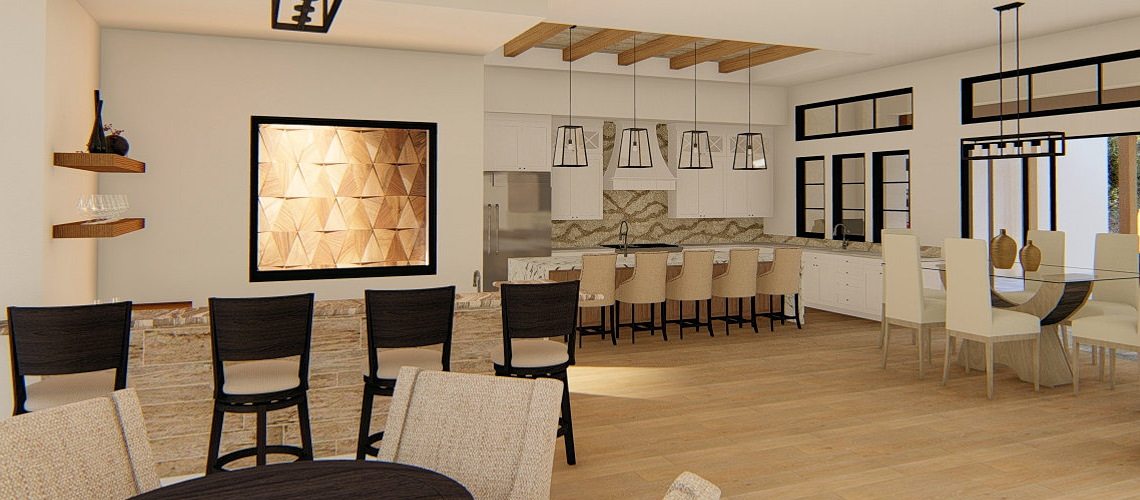 Modern farmhouse kitchen with a tray ceiling and dining nook