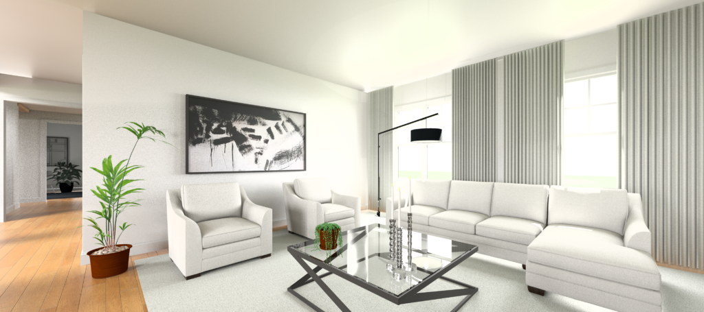 A rendering of a living room arranged using the principles of feng shui with white furniture and area rug, oak flooring and a contemporary coffee table. 