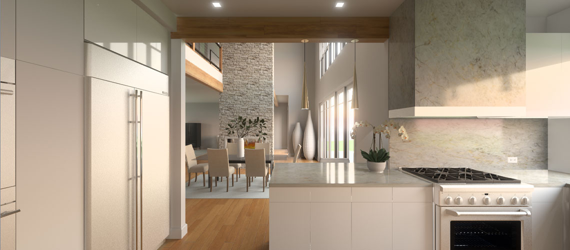 A kitchen rendering designed using the principles of feng shui. The white stone countertops are kept clear of gadgets. There are white cabinets and wooden accents. The dining room can be seen in the background.