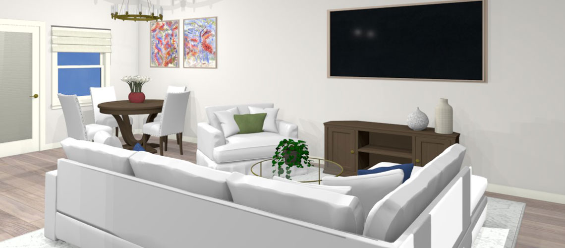 A Chief Architect rendering of the living and dining room area in Hallie O'Higgins design.