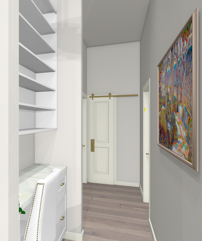A hallway with built-in desk and open shelving.