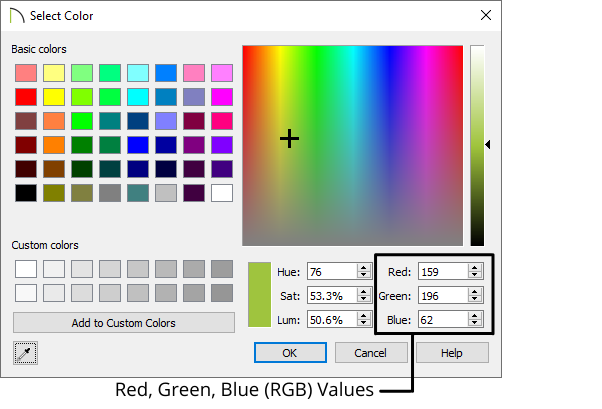 The color chooser in Chief Architect with the Red Green Blue color model fields noted.