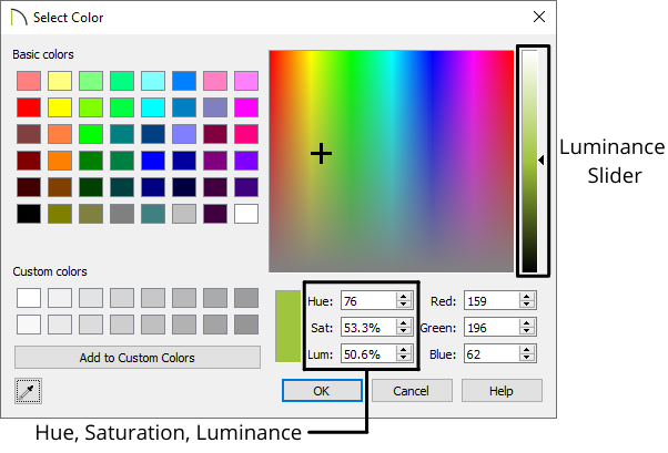 The color chooser in Chief Architect with the hue, saturation, and luminance fields noted.