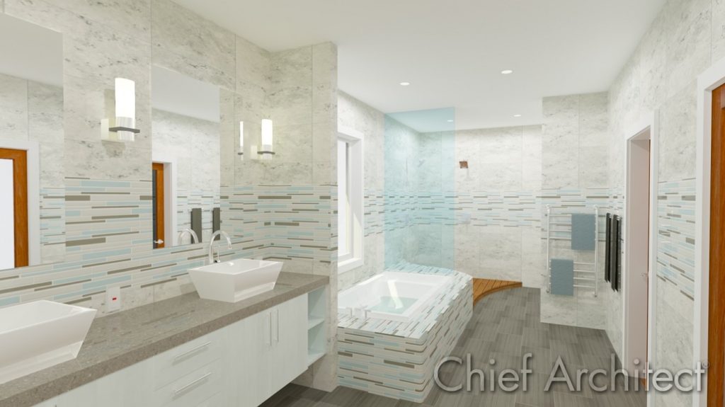 A bath with a cool color scheme in Chief Architect.