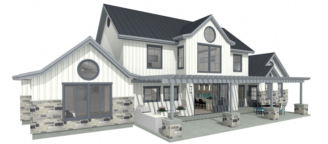 Exterior rear rendering view of a modern farmhouse.