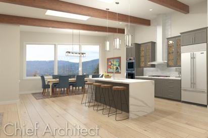 A vaulted kitchen scene in Chief Architect in the Physically Based Ray Trace rendering technique.