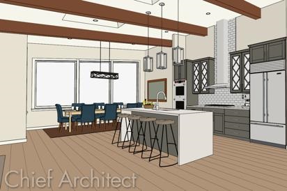 A vaulted kitchen scene in Chief Architect in the Vector View rendering technique.