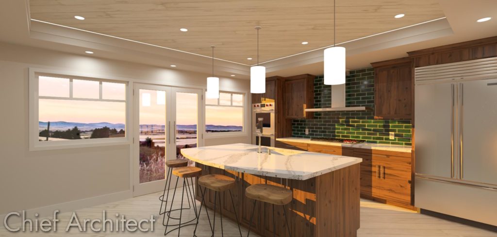 A kitchen at sunset in Chief Architect.