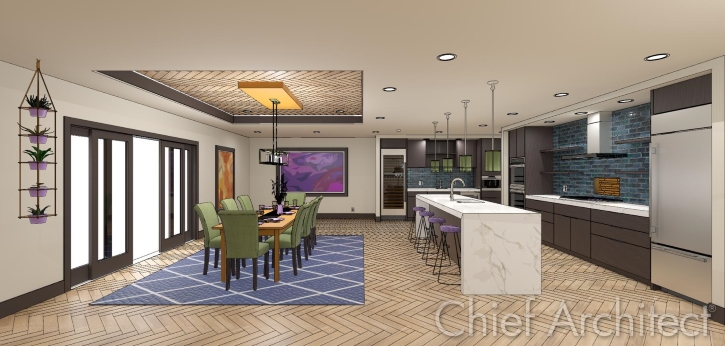 A kitchen and dining room designed in Chief Architect with a tetrad color scheme.