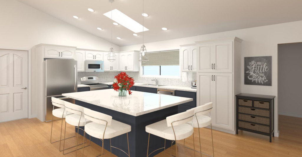 A kitchen rendering of the proposed design with white quartz countertops, white upper cabinets and navy blue lower cabinets.