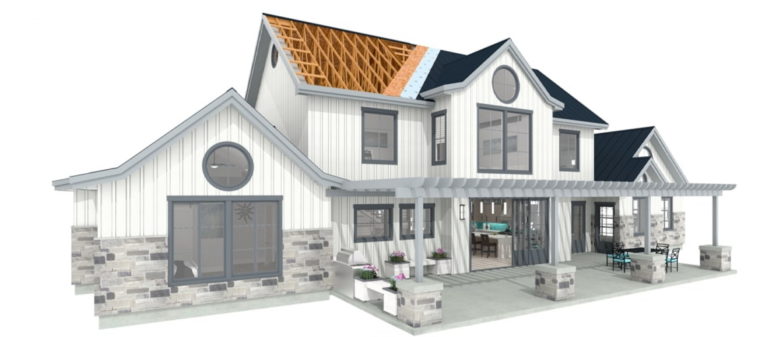 Residential farmhouse design with white board and batten exterior with a gray brick pony wall