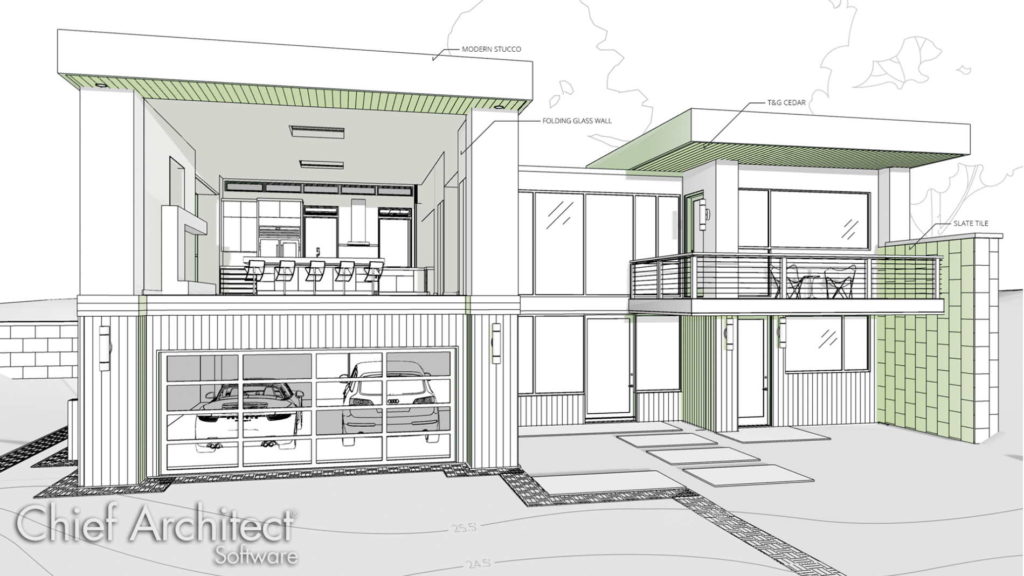 Technical illustration rendering of 2 story modern home