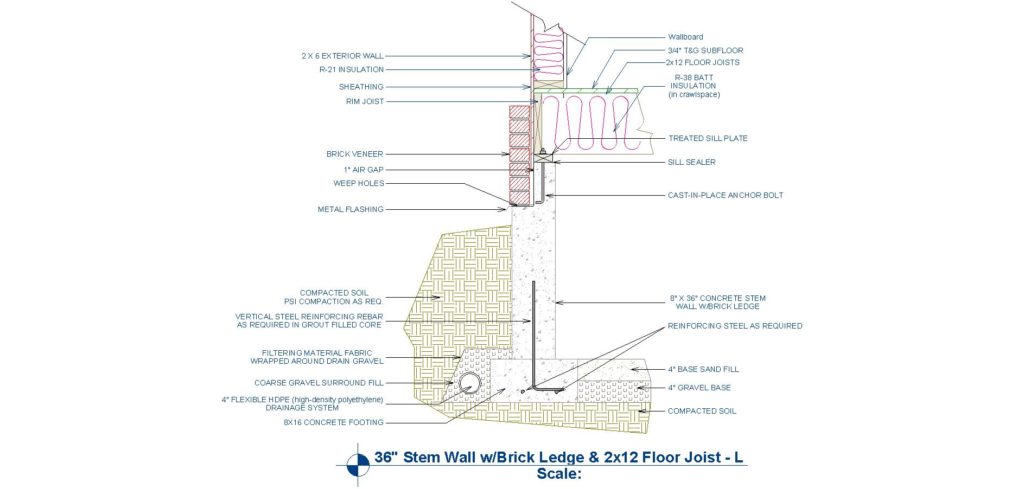 A CAD Detail from Chief Architect Premier of a stem wall, brick ledge, and joist.