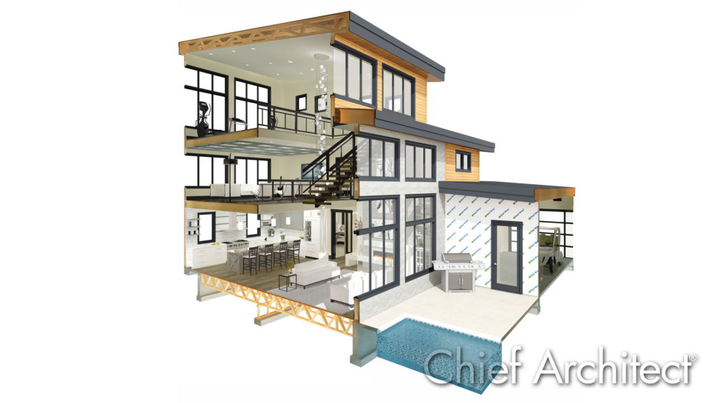 3D section view through the Stone Creek sample plan designed in Chief Architect Premier.