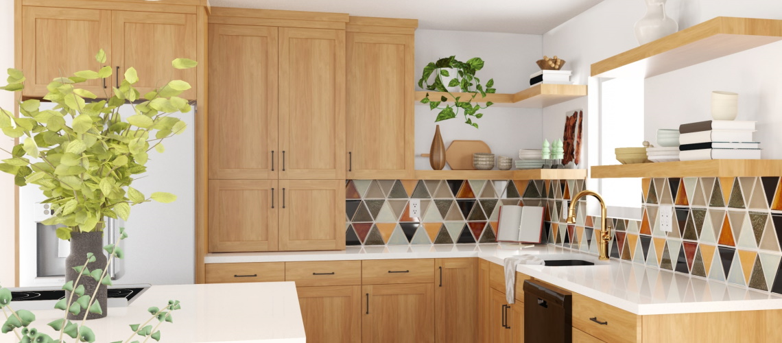 Kitchen space with neutral tones and triangle tile back splash