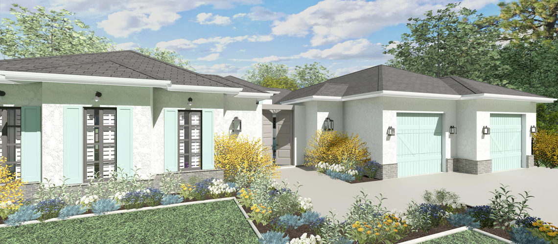 Modern exterior home rendering with hip roof and blue accents.