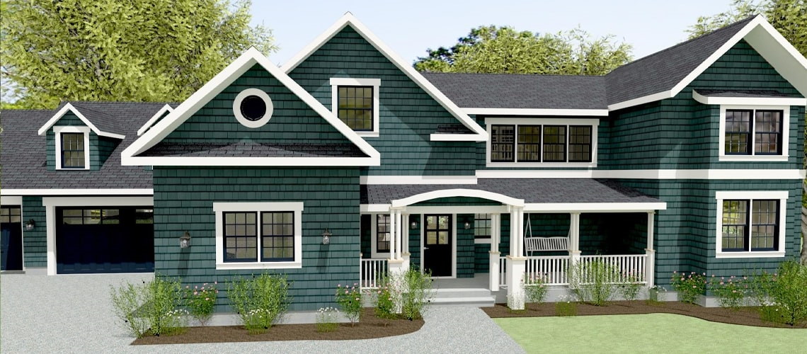 Residential two story home with green exterior siding