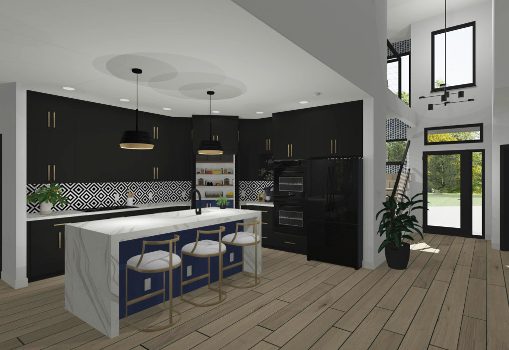 A kitchen rendering with black wall cabinets, blue island cabinets, white waterfall countertop, and modern gold stools.