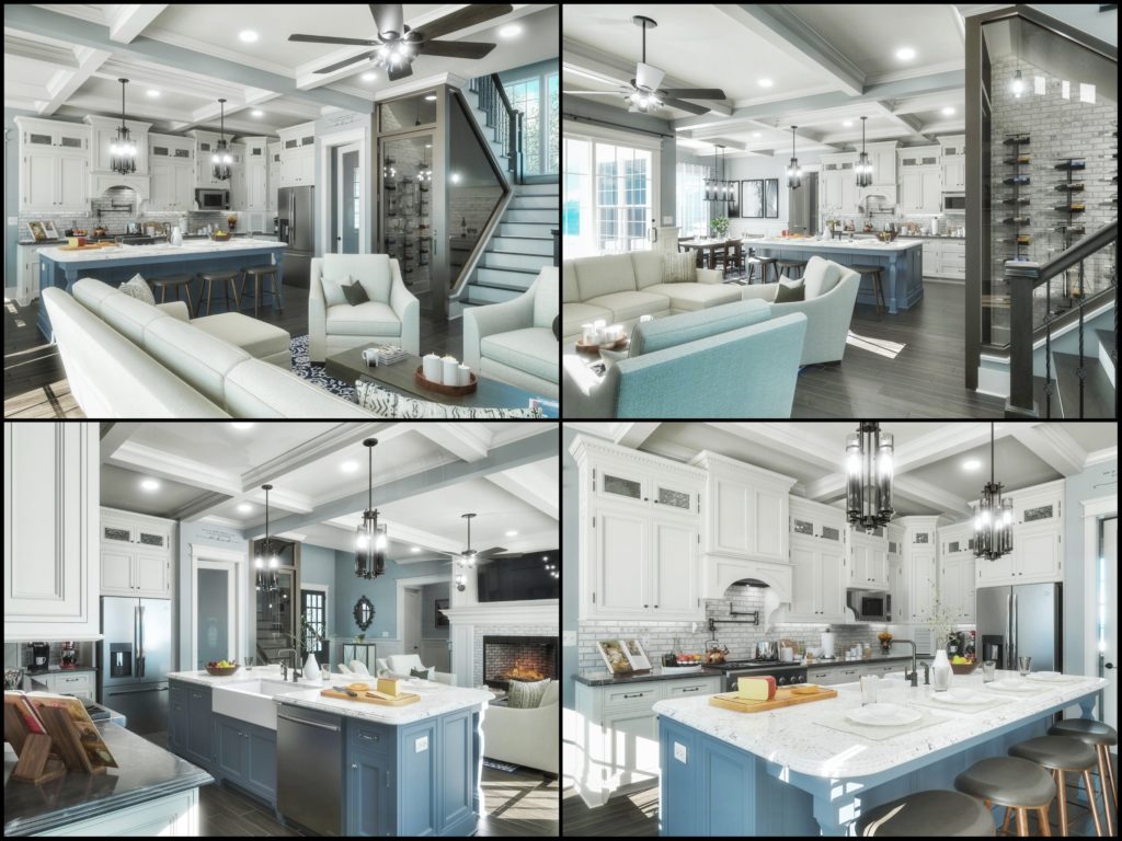 Renderings of a kitchen with wine room.. 