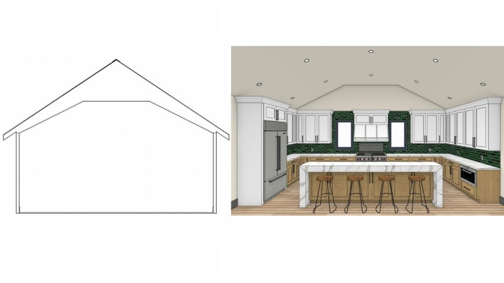 A vaulted ceiling with a flat middle in a kitchen designed in Chief Architect.