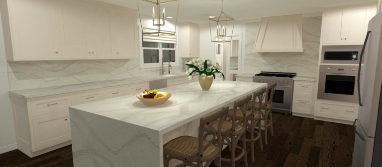 A kitchen rendering with neutral colors and gold accents.