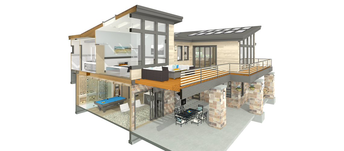 Remodeled home design with cross-section slider showing kitchen