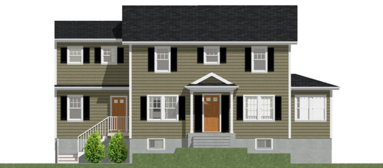 The front exterior rendering of a Dutch Colonial home near Boston.