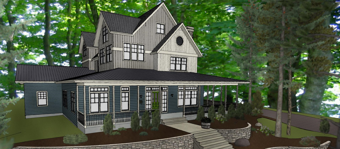 The rendering of a two-story home with a wraparound porch.