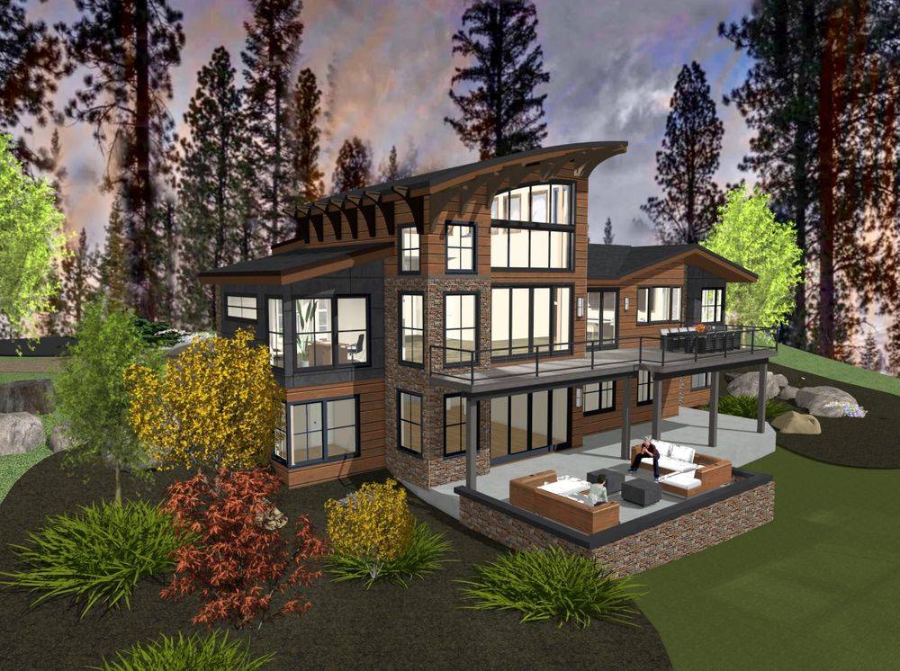 Three story residential design with curved roof and back porch