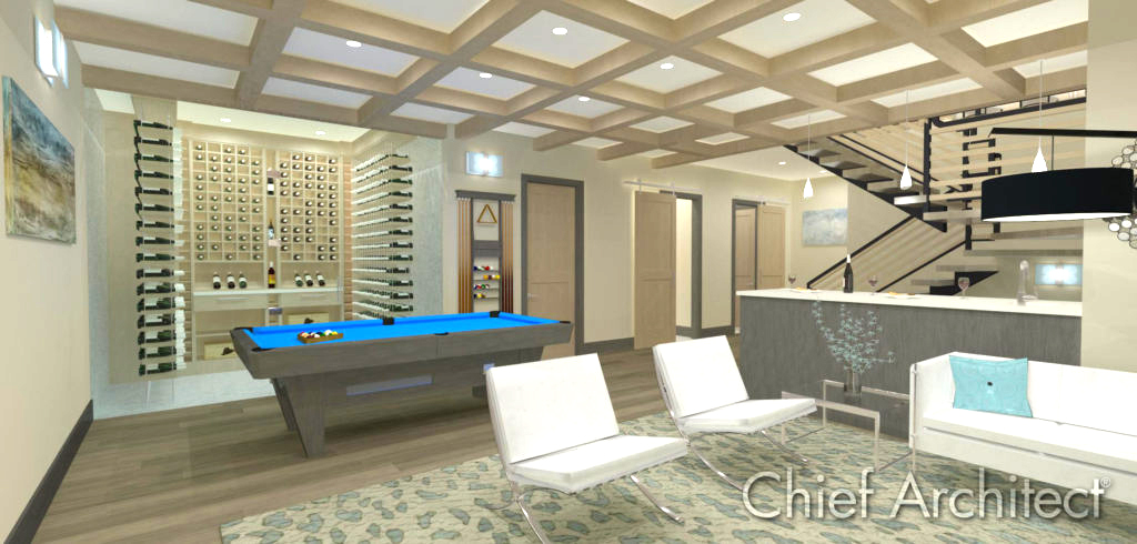 The finished basement from the Bachelor View sample plan designed in Chief Architect.