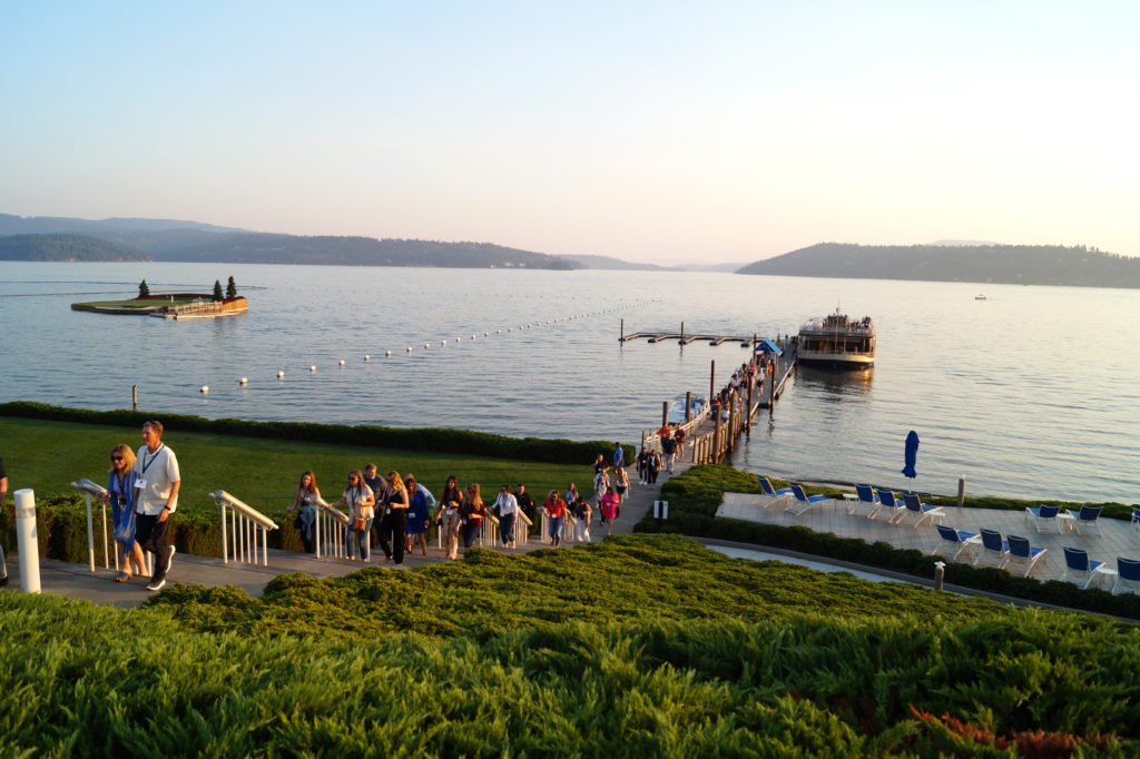 Chief Academy attendees arriving at the event center after the lake Coeur d'Alene evening networking cruise.