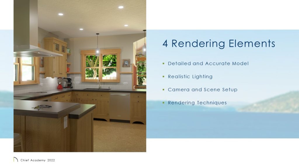 presentation slide for four rendering elements, detailed and accurate model, realistic lighting, camera and scene setup, rendering techniques, has a cropped rendering of a arts and crafts kitchen on the left side