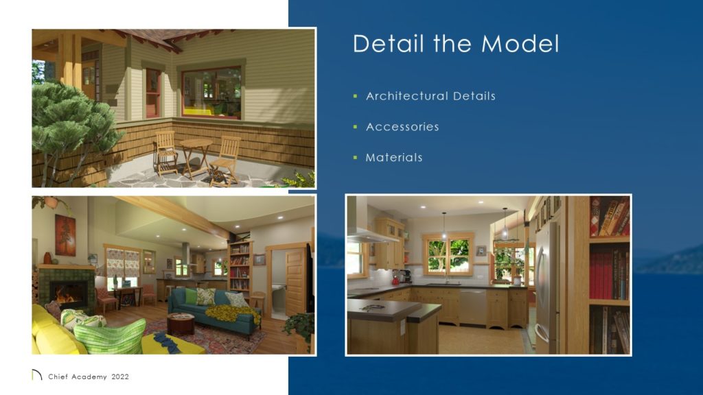 presentation slide for four rendering elements, detailed and accurate model, realistic lighting, camera and scene setup, rendering techniques, has a cropped rendering of a arts and crafts kitchen on the left side