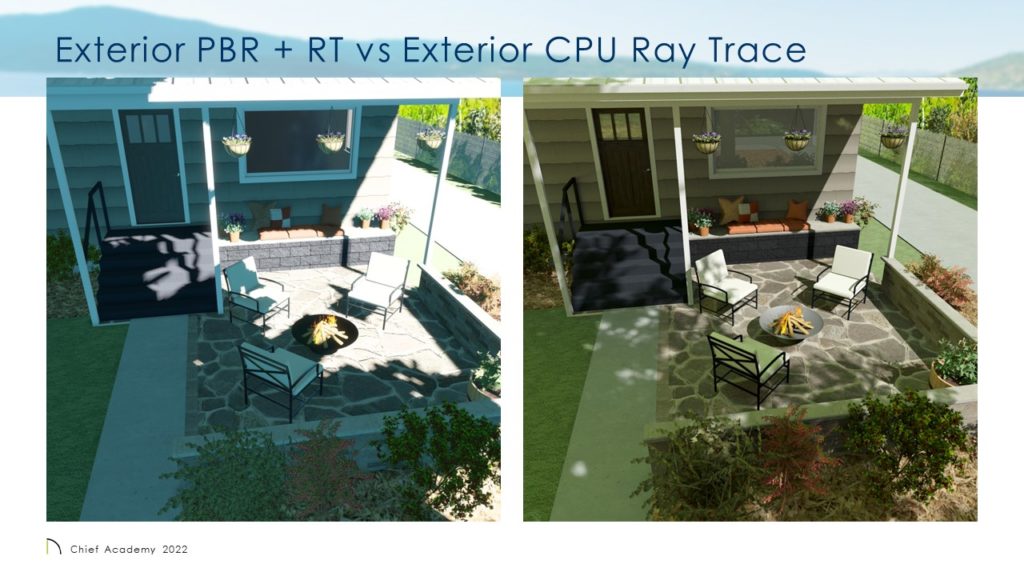 side by side compare of exterior patio scenes using different rendering techniques