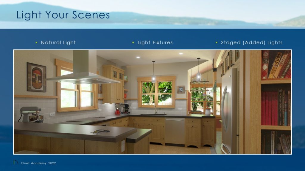 presentation graphic for natural light, light fixtures, staged (added) lights has a blue background and a framed rendering of a craftsman style kitchen