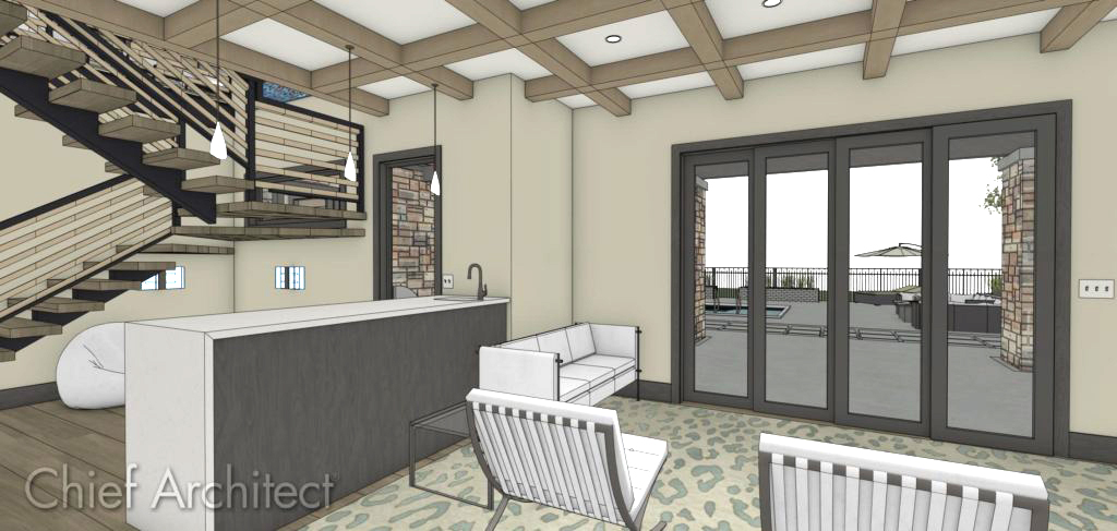 A walkout basement designed in Chief Architect for the Bachelor View sample plan.
